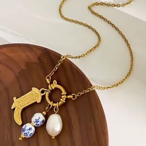 Anthropologie stainless steel ceramic unique Gold Charm Necklace with Boot